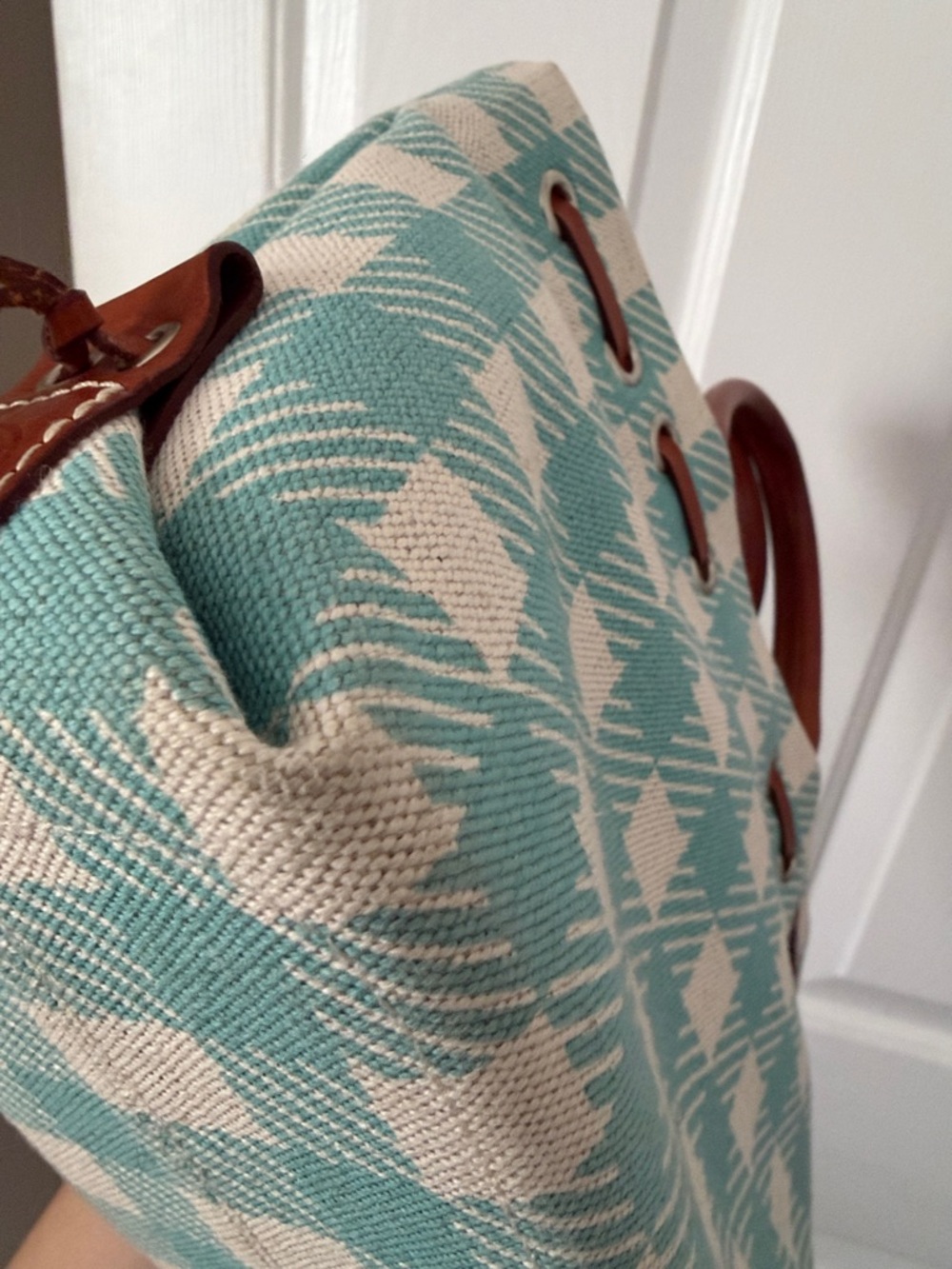 Dooney & Bourke Teal and Cream Plaid Canvas Small Tulip Tassel Tote - Picture 8 of 16